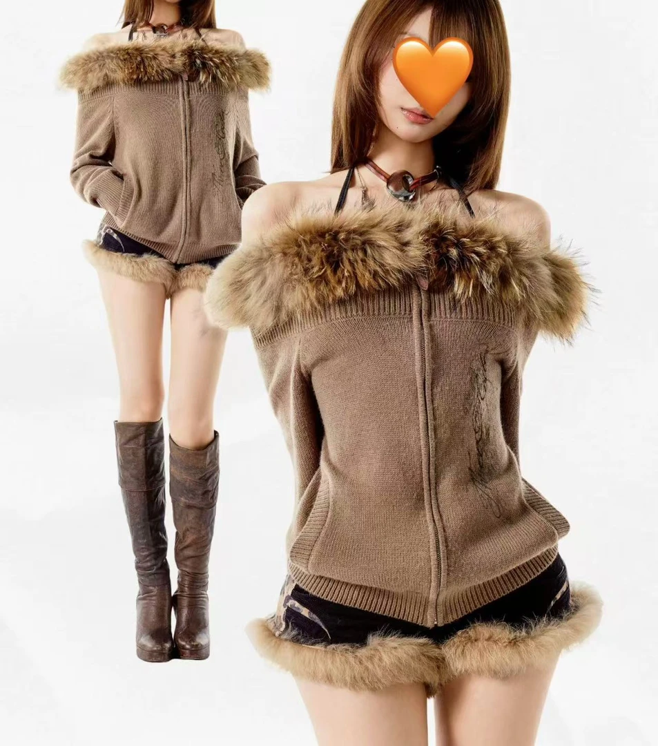 祁山明栗子/3MODE一字肩毛衣女复古美式辣妹上衣穿搭针织开衫秋装