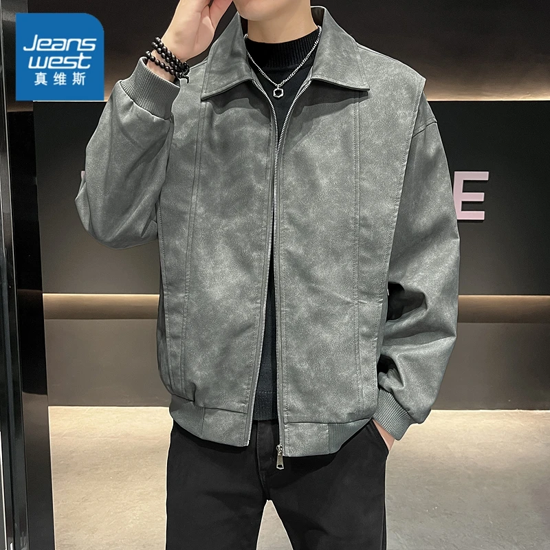 真维斯高档休闲皮夹克男士秋冬季新款防风简约潮牌修身长袖外套男