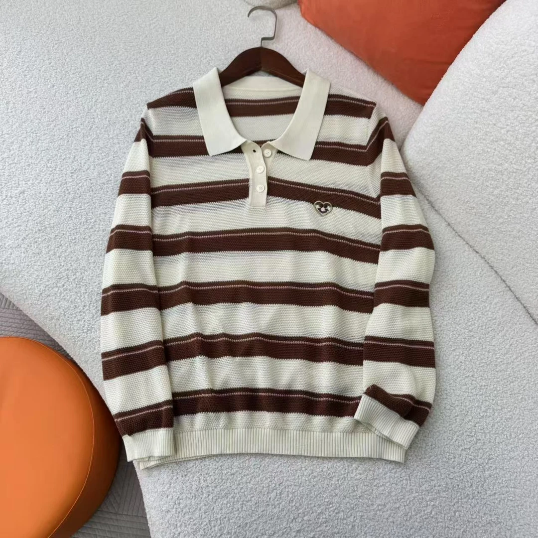 春季女长袖条纹针织衫POLO领针织打底衫