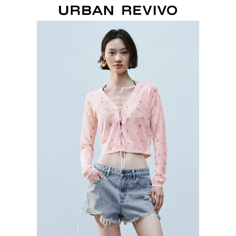 UR2025秋季新款女装休闲碎花V领系带针织开衫UYL950073