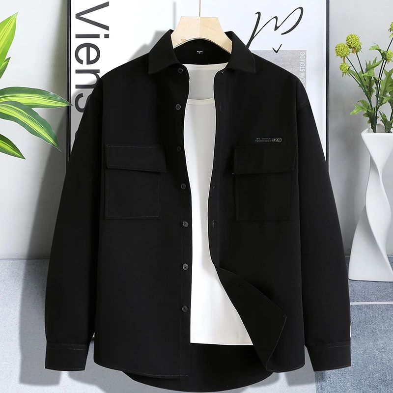 男款服饰长袖衬衫春秋新爆款寸衫阔版双袋盖打底衬衣休闲外套宽松