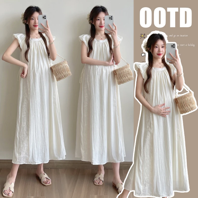 清新减龄孕妇装夏季新款爆款国风刺绣拼接泡泡袖高质量孕妇连衣裙