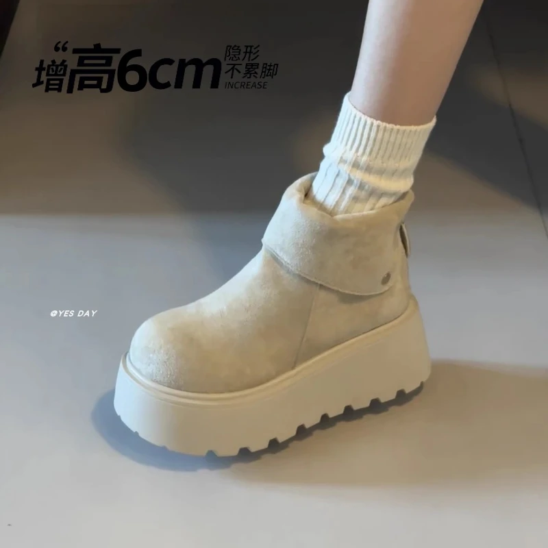 复古绒面小个子厚底增高勃肯短靴2025年冬季新款加绒加厚雪地靴女