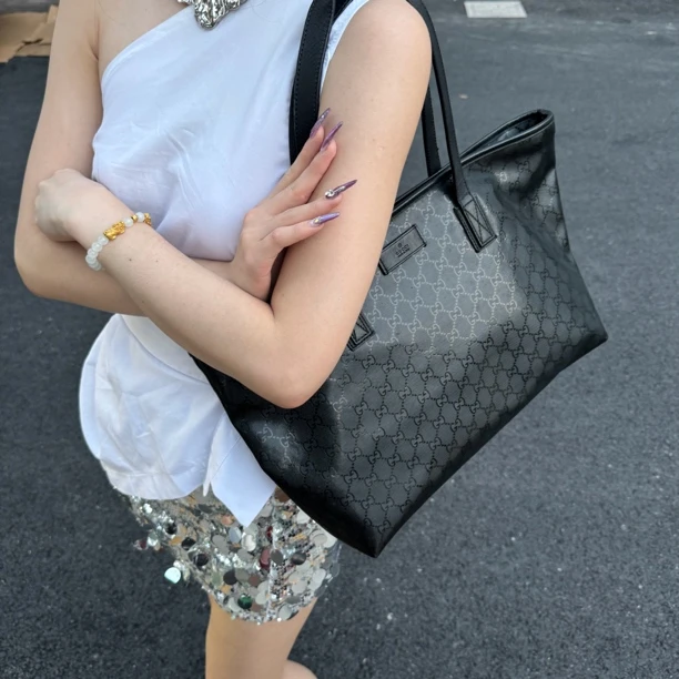 95新 GUCCI/古驰 GUCCI黑色老花托特包单肩包