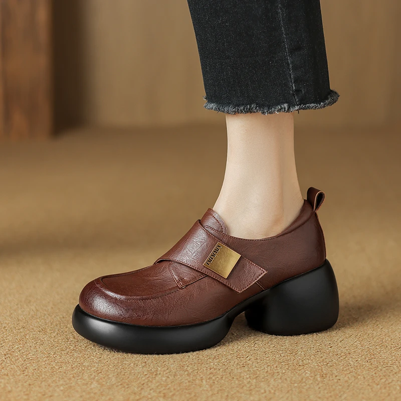 牛皮  7厘米34 40 春秋百搭软底粗跟厚底圆头秋季单鞋