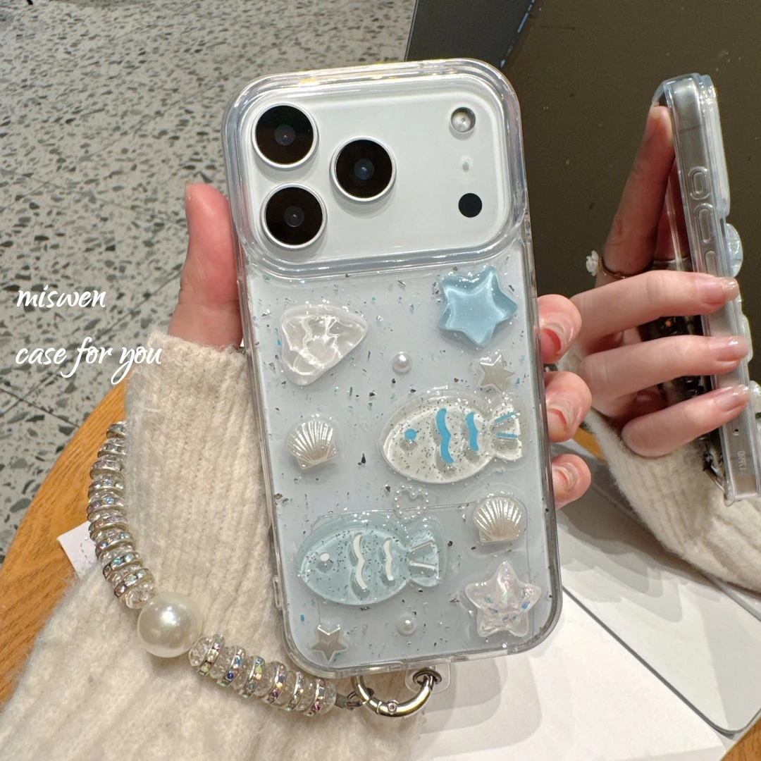 海洋贝壳小鱼适用苹果17女款16promax立体手机壳iPhone15简约14潮