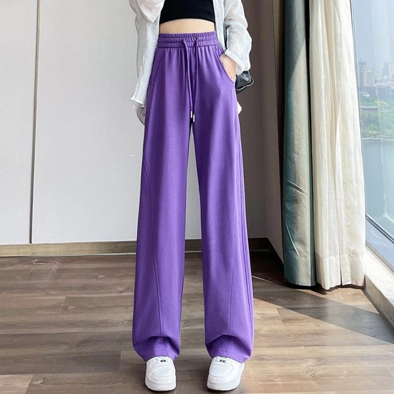 紫色阔腿裤女2025春薄款时尚高腰小个子宽松显瘦休闲直筒运动裤子