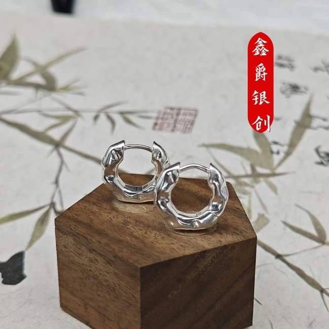 足银耳饰 肌理感不规则耳扣【鑫爵银创】足银熟银百搭小众简约手工