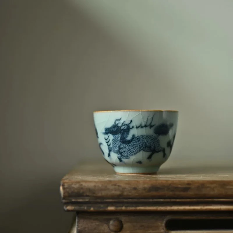 莫念缠枝纯手工全手工青花麒麟主人杯茶具陶瓷家用复古中式青瓷