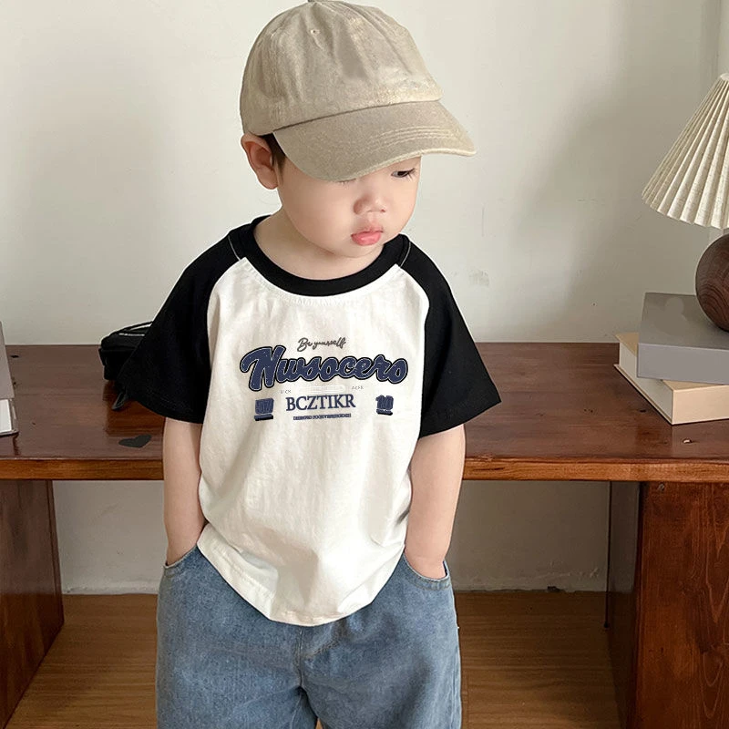 宝宝字母百搭圆领纯棉短袖t恤夏季新款男女童卡通拼色内搭打底衫