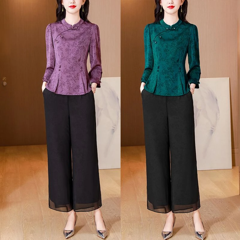 新中式国风夏季新款中年妈妈装改良旗袍复古盘扣时尚印花修身套装