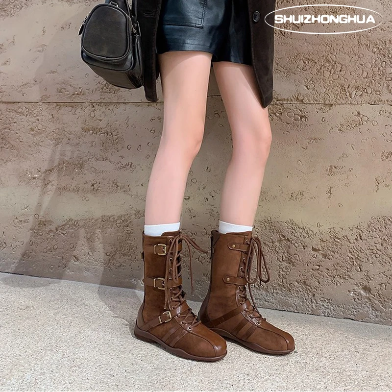 复古内增高拳击靴女2026百搭拼色后拉链短靴系带户外工装马丁靴