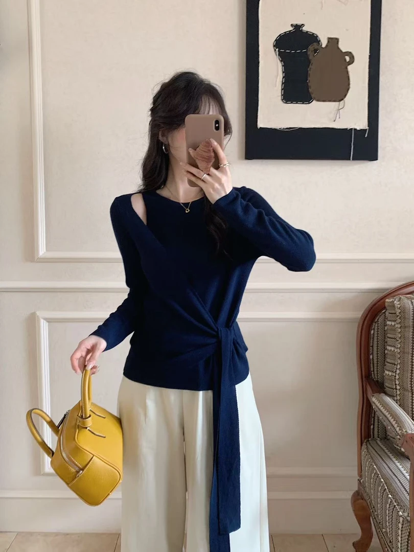 假两件针织衫系带不规则针织上衣高级感纯色修身毛针织衫女