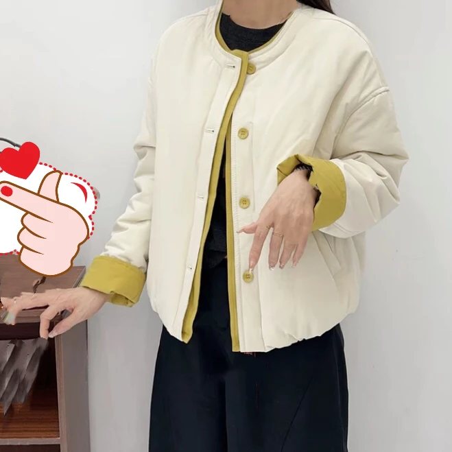 2025秋冬新款韩系糖果色单排扣拼色棉服外套女圆领时尚简约棉衣潮