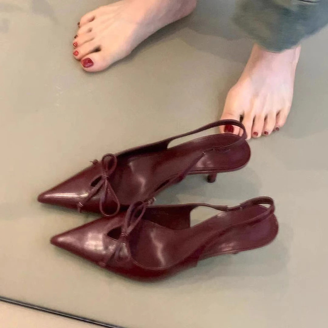 法式尖头蝴蝶结浅口单鞋女性感后空气质凉鞋中跟复古宴会猫跟鞋子