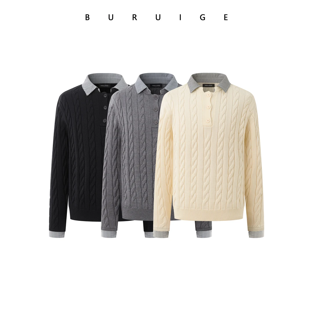 BURUIGE绞花假两件拼接条纹长袖毛衣针织衫老钱风cleanfit