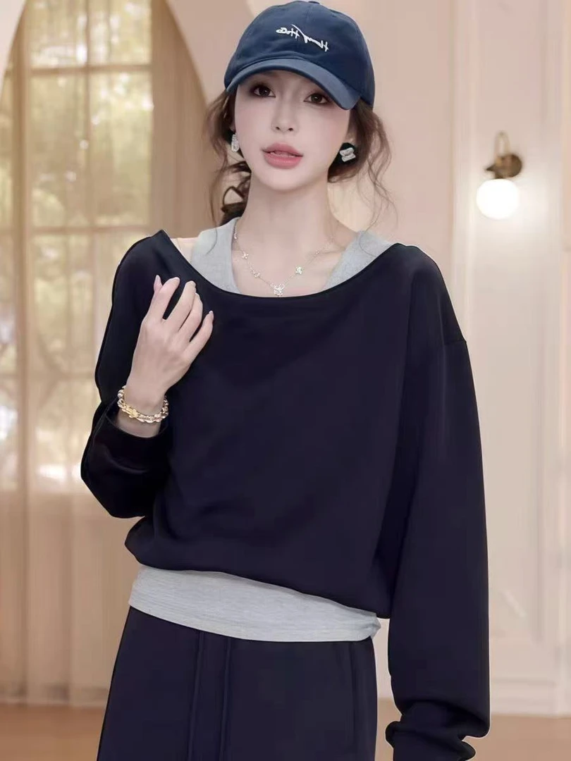 5123#假两件卫衣女秋季新款宽松春秋短款显瘦设计感薄款ins上衣