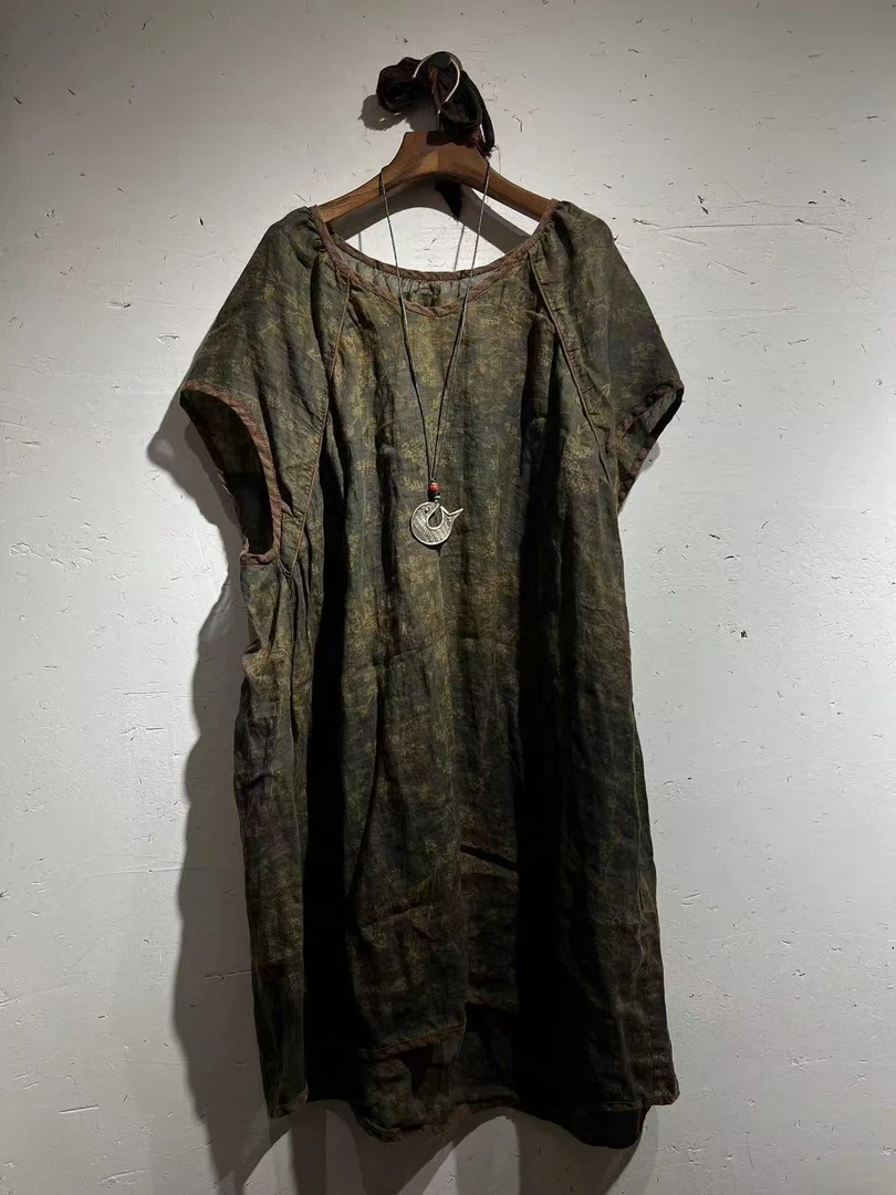 衣路走来苎麻碎花连衣裙长90