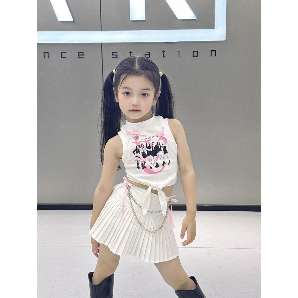 戴维贝啦韩版女童2025夏季新款名媛风白色女团印花背心女孩甜酷上