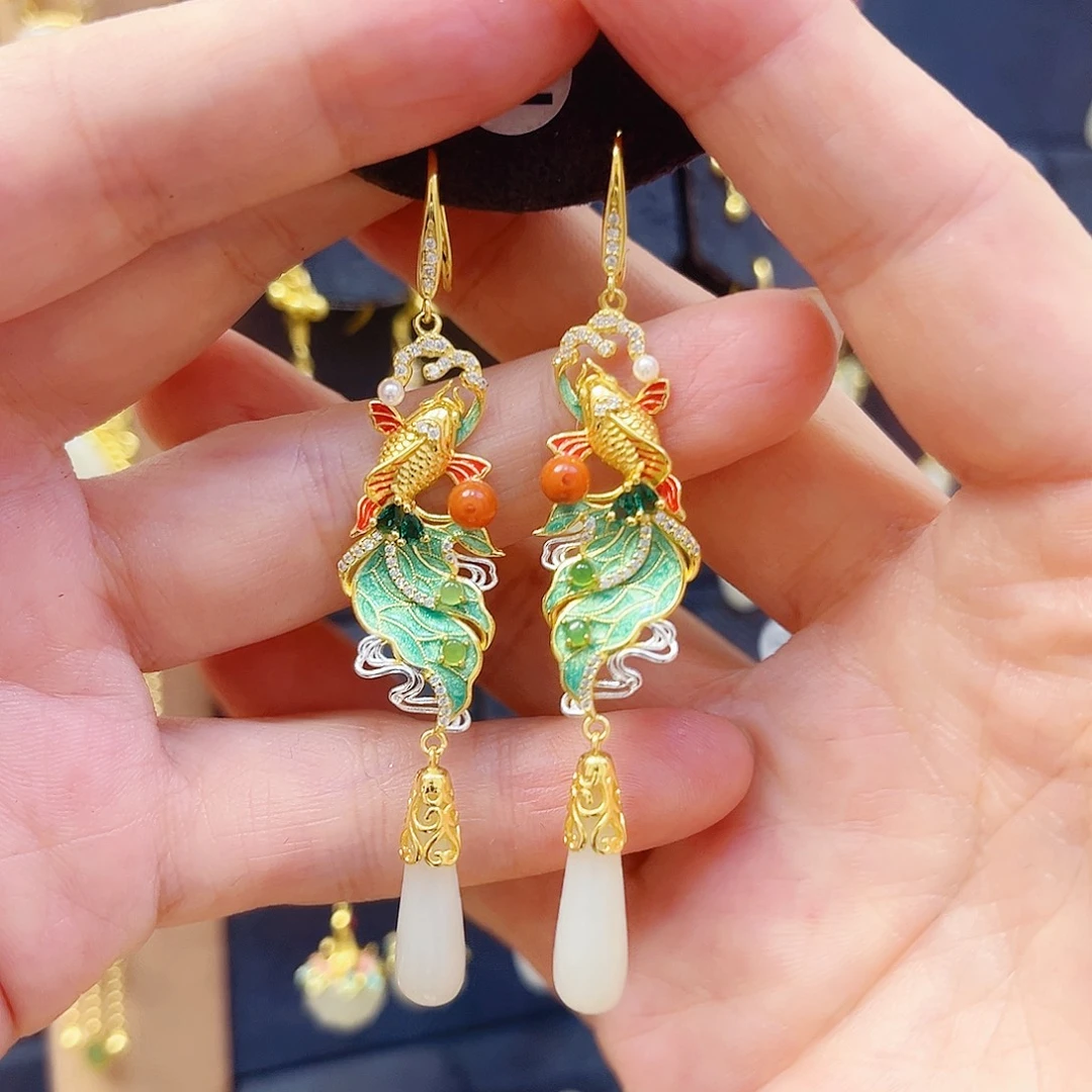 和田玉银S925镀金镶嵌耳饰