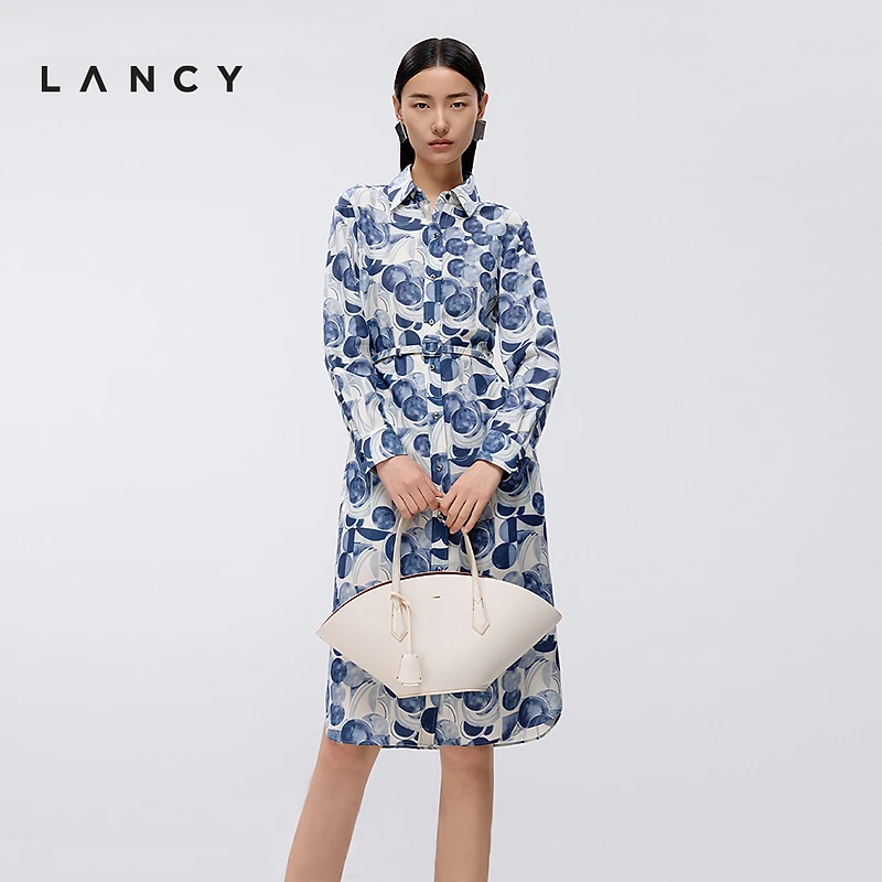 LANCY/朗姿2025春新款知性印花收腰长袖衬衫连衣裙气质通勤裙子女