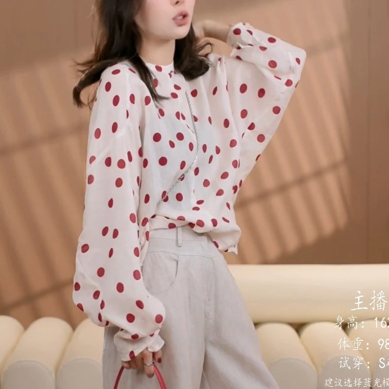 法式高级感红点波点衬衫女2025年春夏新款衬衣圆领百搭娃娃衫上衣