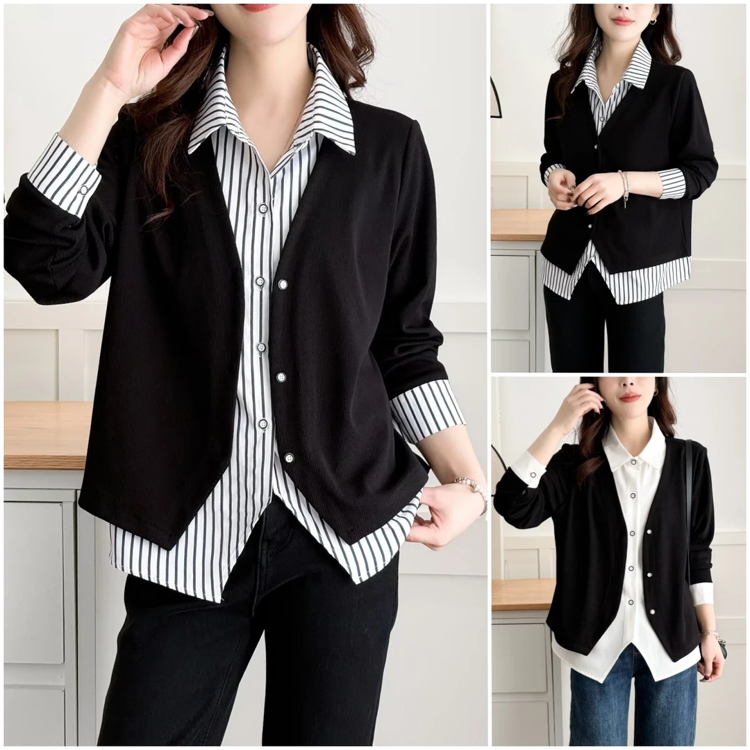 YANUJIAO/雅奴嬌胖mm假两件衬衫女上衣气质春装大码洋气宽松显瘦