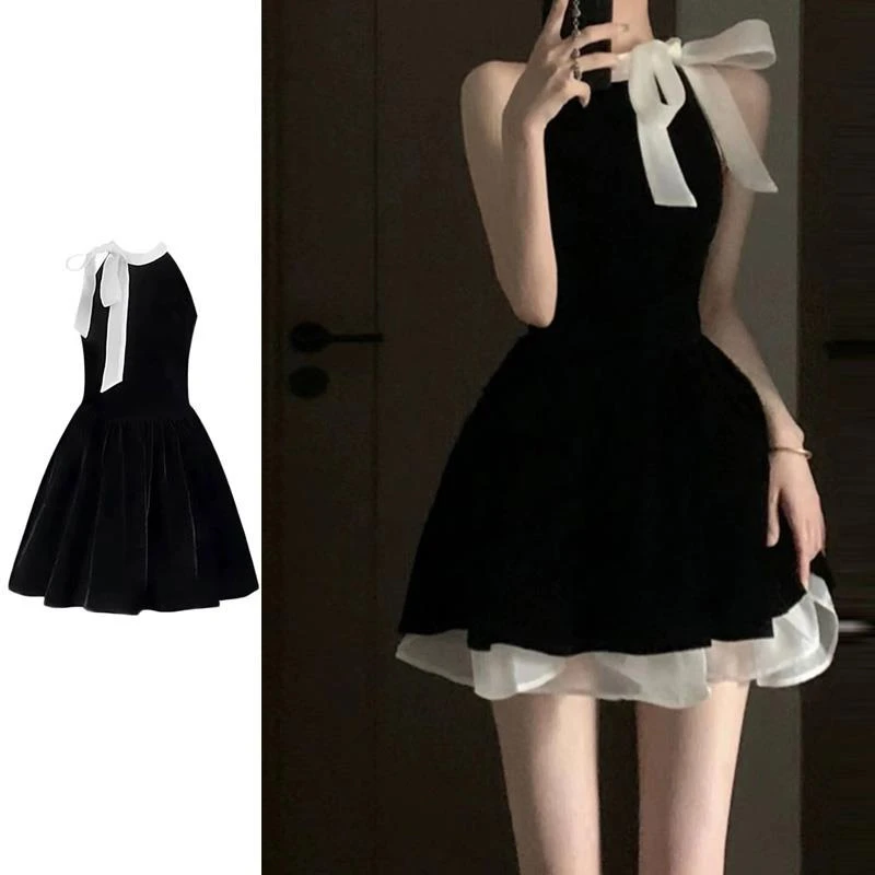 法式甜辣风气质高腰显瘦蝴蝶结无袖挂脖连衣裙女小个子黑色短裙夏