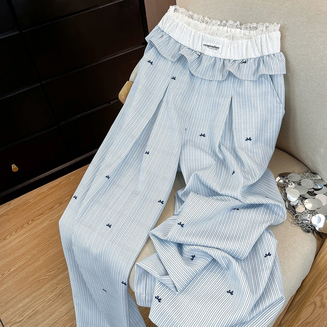 时髦感立马UP~夏季蓝色条纹蝴蝶结蕾丝拼接休闲长裤女垂感阔腿裤