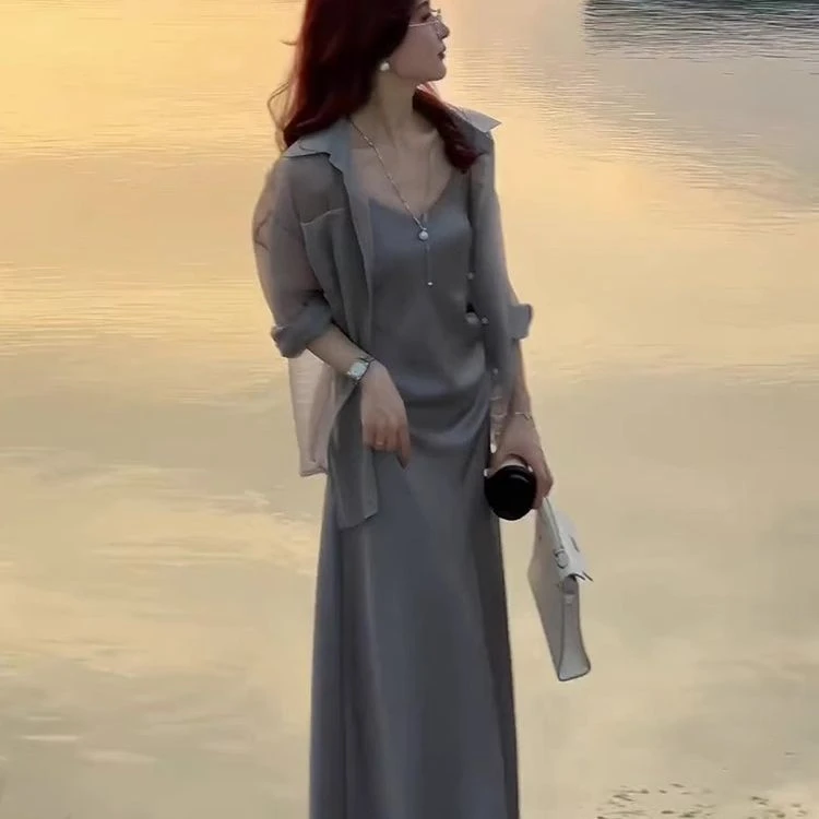 夏季新款法式女神范高级感气质灰色防晒外搭罩衫吊带连衣裙套装女