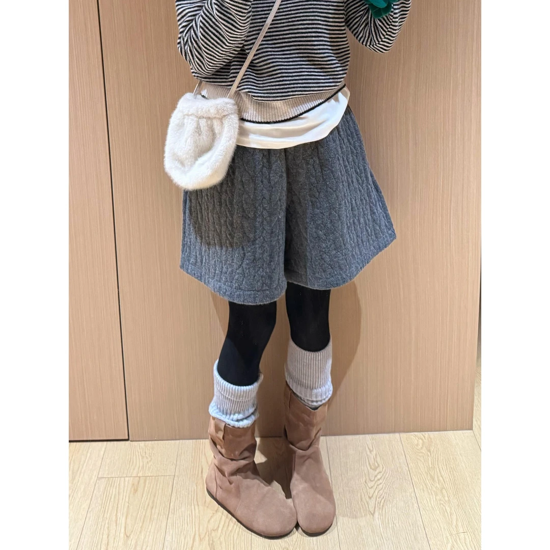 韩系复古麻花针织加绒短裤女冬季新款宽松显瘦加厚靴裤阔腿休闲裤