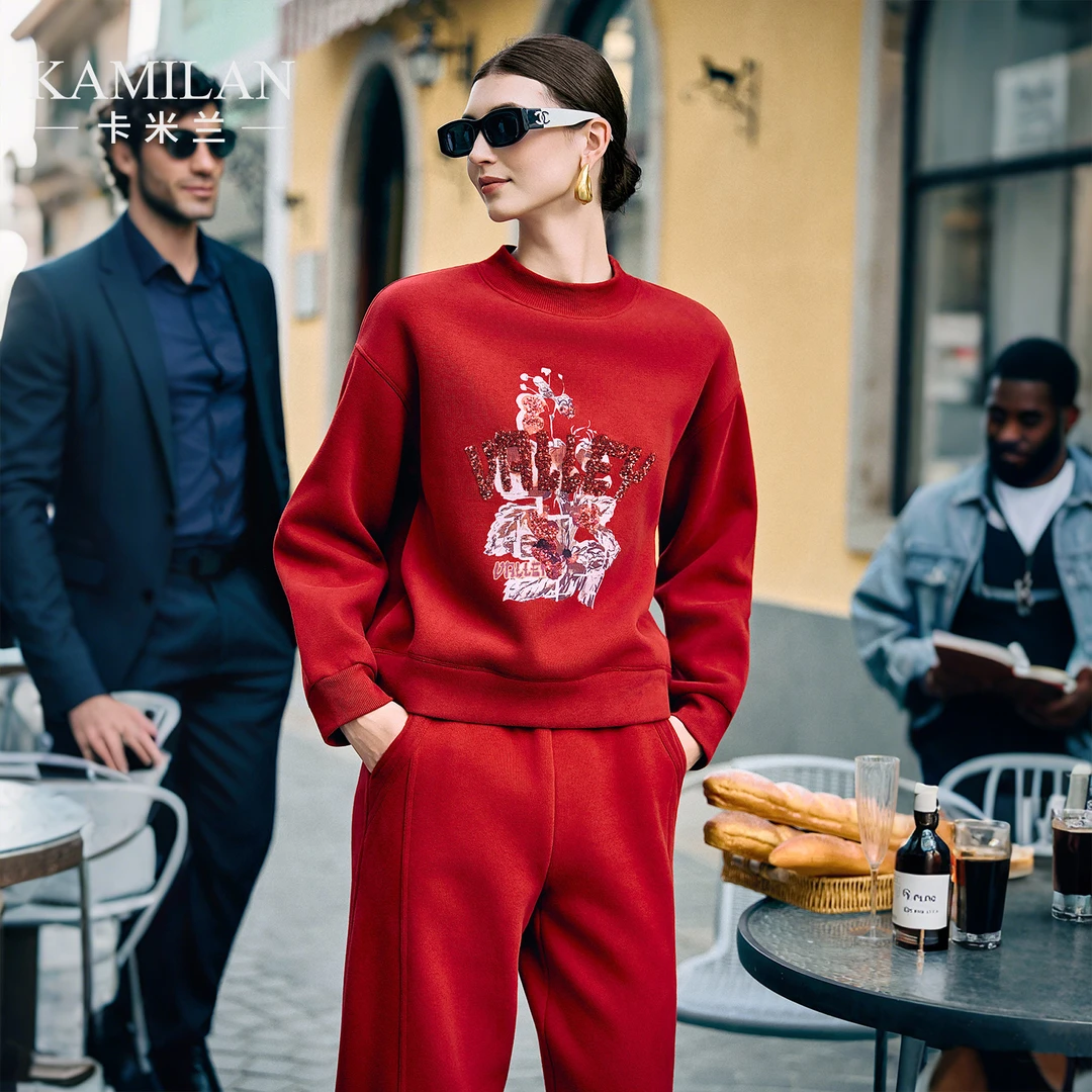卡米兰圆领套头红色印花卫衣女2025秋冬新款减龄设计感气质上衣