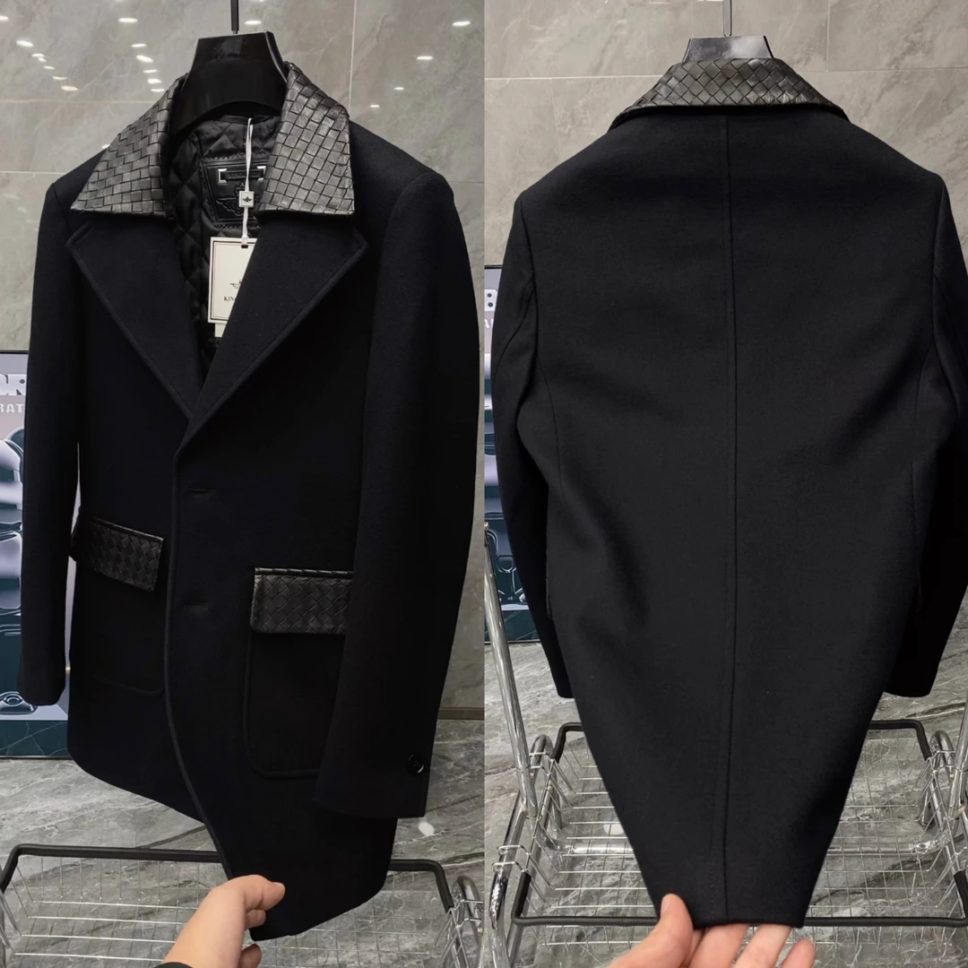 秋冬新款男士轻奢时尚休闲高端羊毛混纺拼牛皮薄棉中长款大衣 553