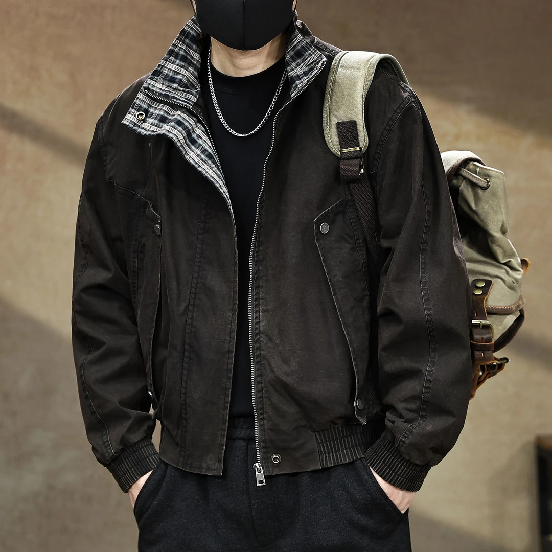 美式高端复古重磅工装夹克男宽松秋冬潮牌格纹飞行员短款立领外套