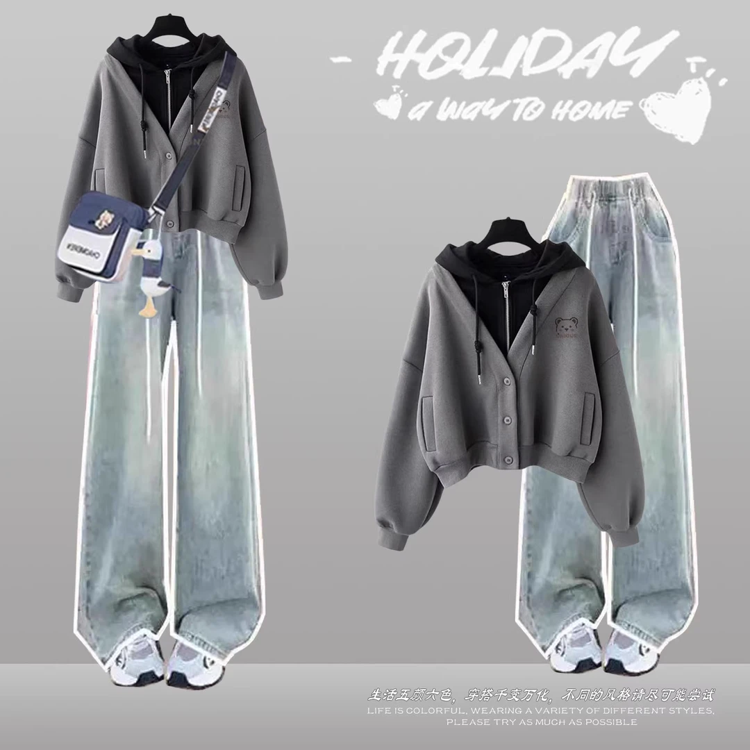 中大童女孩初中生16春秋季14长袖卫衣牛仔裤套装15高中生18岁潮款