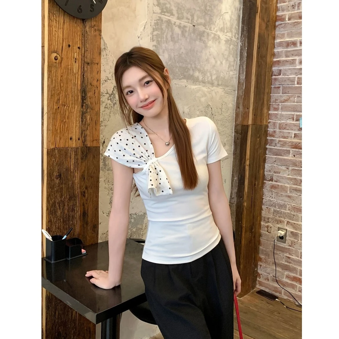 蝴蝶结波点斜肩短袖t恤女2025夏季新款辣妹露肩修身显瘦短款上衣