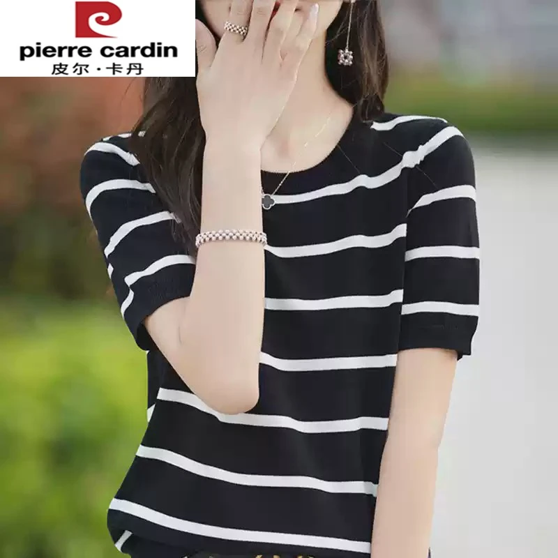 皮尔卡丹短袖t恤女新款时尚条纹短款大码女装夏季薄款冰丝针