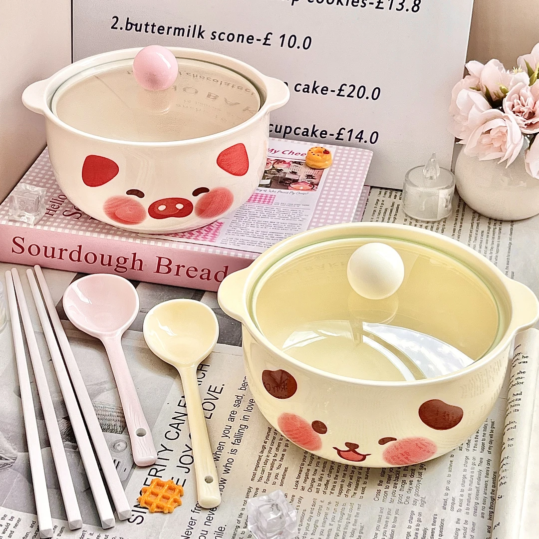 奶油风小猪小狗陶瓷泡面碗双耳带盖釉下彩防烫家用宿舍方便面碗