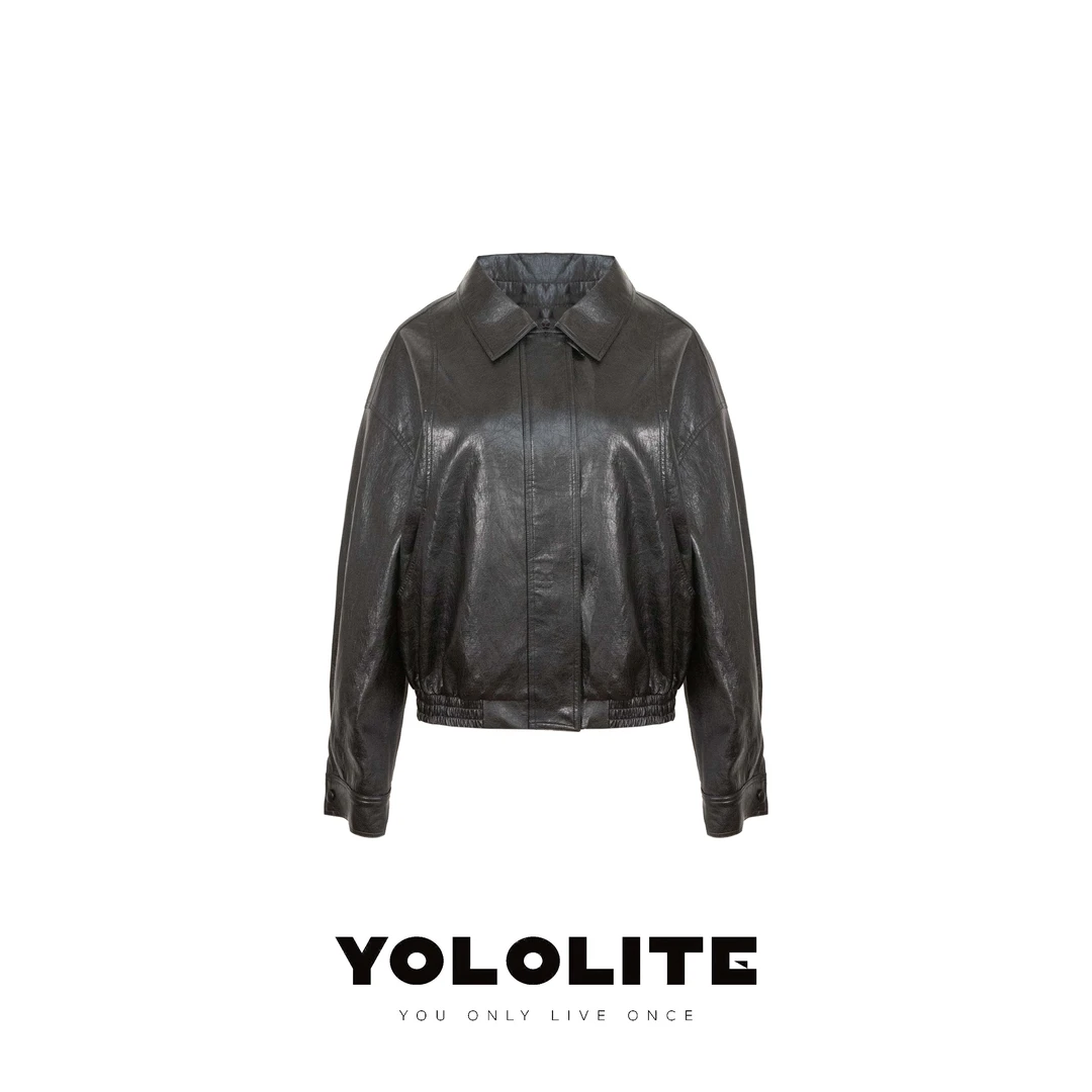 YOLOLITE【瓦尔登湖】2544新款气质纯色翻领拉链皮衣外套