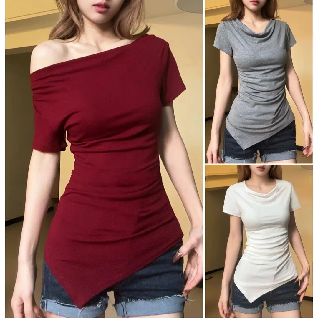 92棉+运费险荡领皱褶一字肩设计感短袖百搭上衣收腰显瘦性感T恤