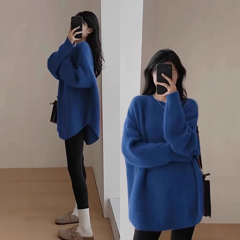 克莱因蓝色中长款针织衫女秋冬慵懒风遮屁股下装消失毛衣宽松上衣