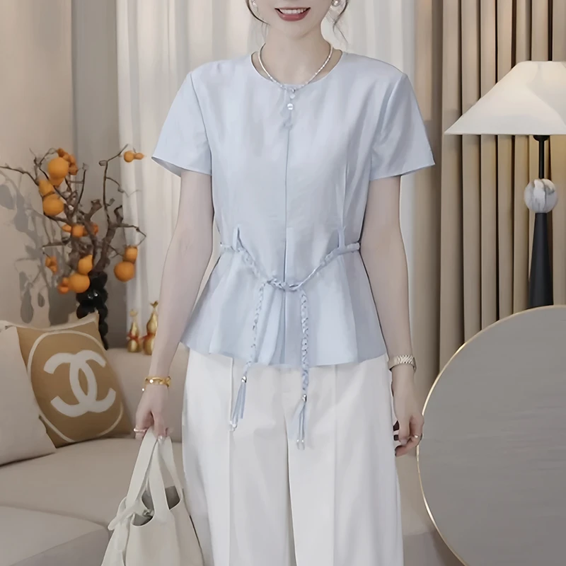 法式气质通勤休闲洋气衣服女夏季2025新款调节绑带收腰短袖衬衫潮
