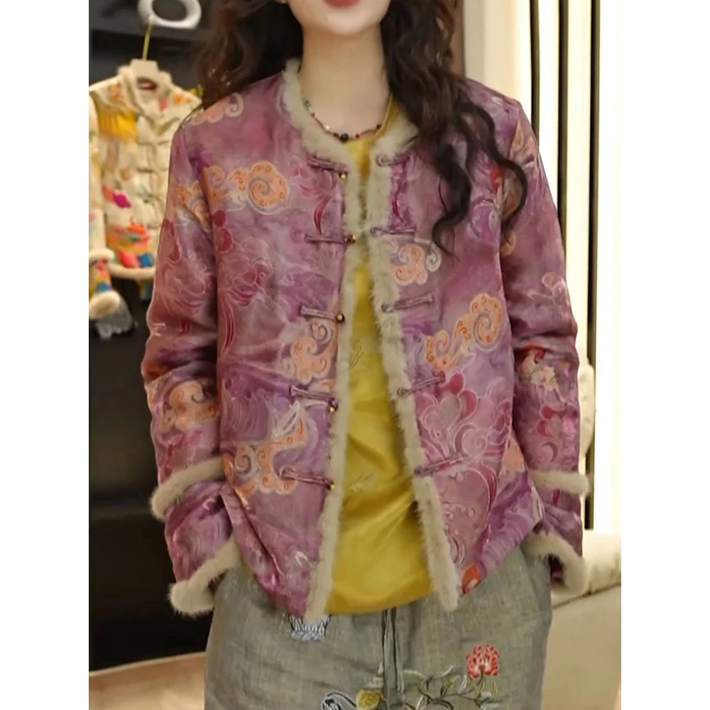 中式国风盘扣印花加厚棉服外套2025冬季新款时尚洋气百搭保暖棉衣