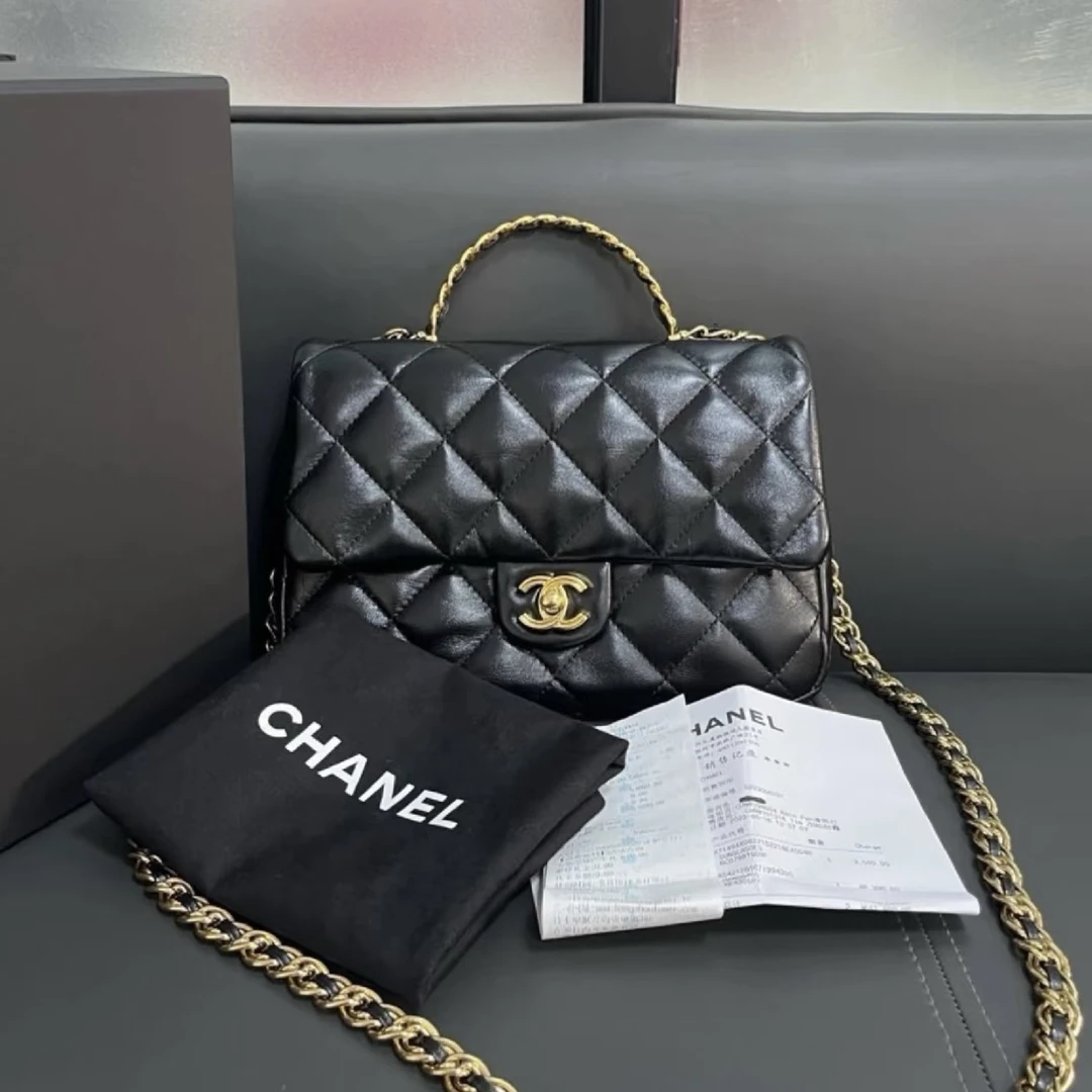 99新 Chanel/香奈儿 23A黑金麻花手柄cf大mini单肩包/06945 复古