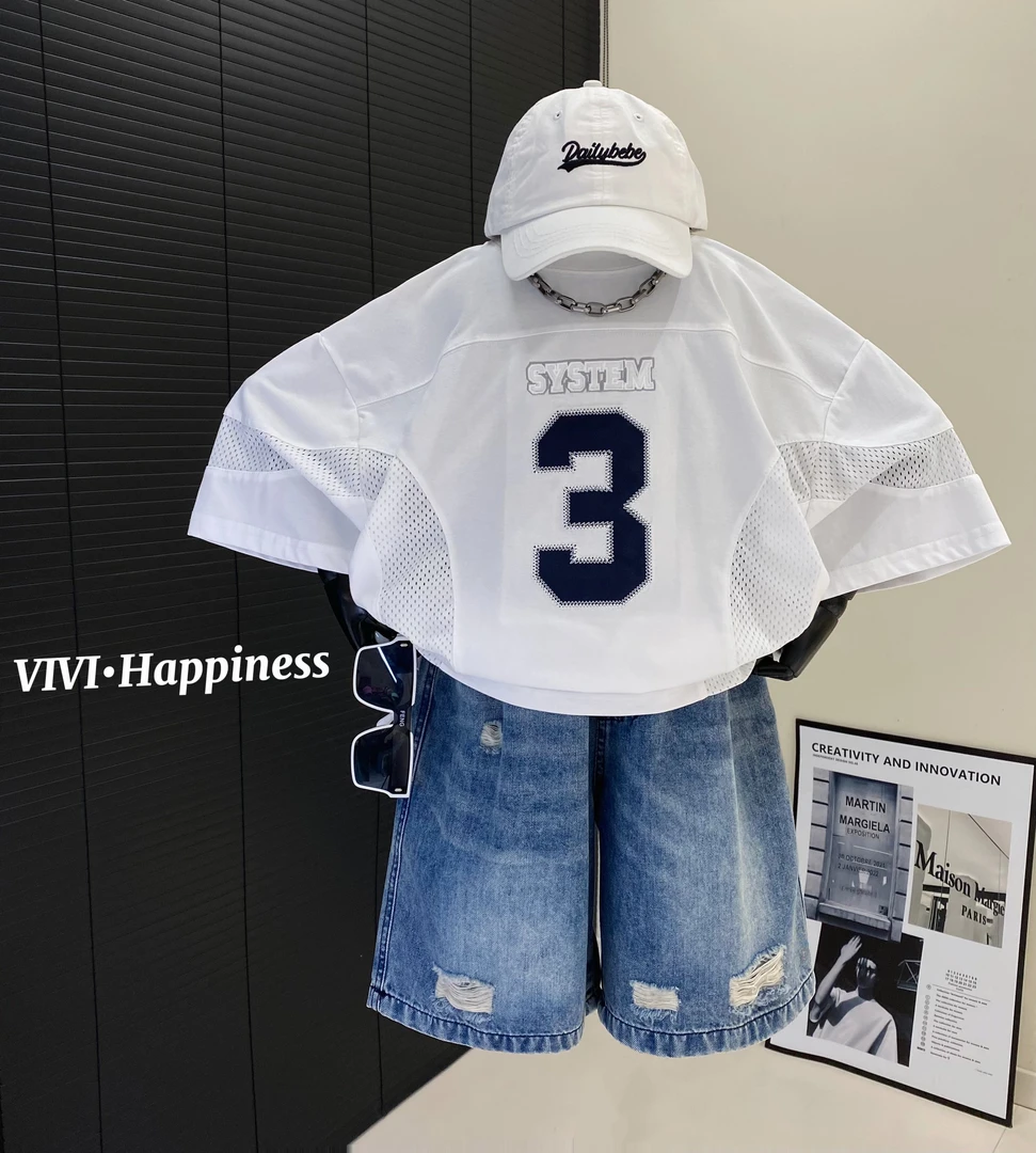 VIVI童装 2025夏季潮牌中大童白色刺绣字母薄球服短袖T恤