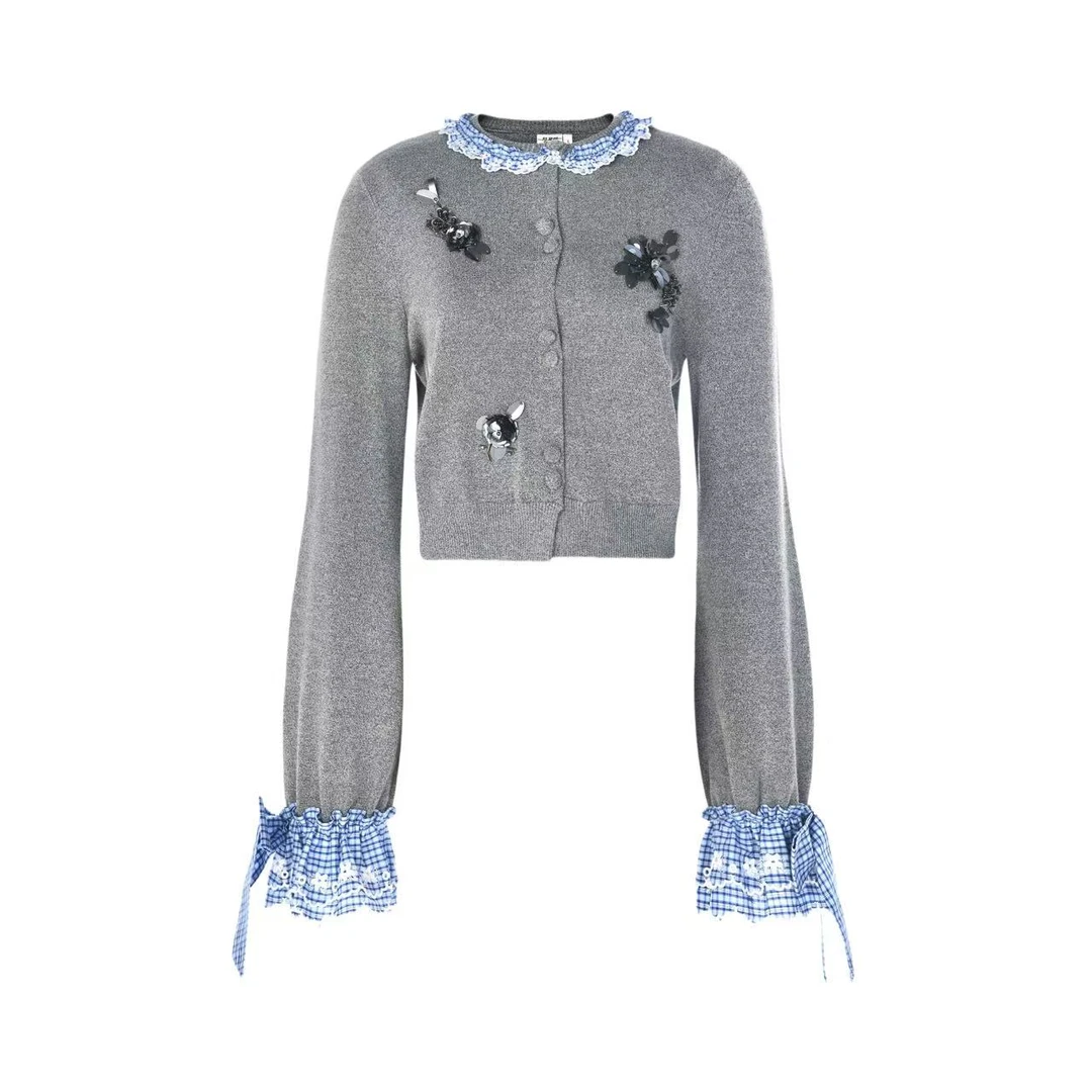 LeFame/拉飞姆2025秋 格子拼接钉珠针织开衫FF25Q31ZM093