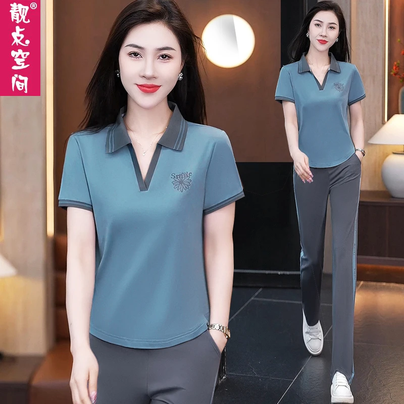 翻领短袖运动装套装女士夏季2025新款时尚减龄显瘦休闲服两件套