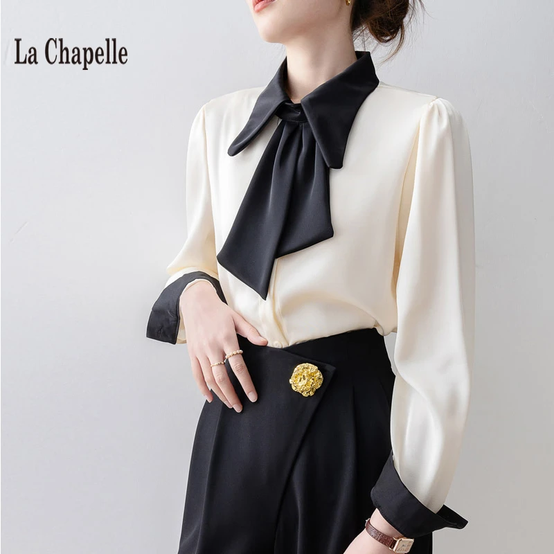 拉夏贝尔蝴蝶结系带polo领衬衫女2025早春新款高级感杏色长袖衬衣