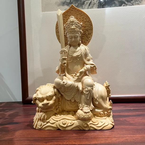 桧木雕刻文殊菩萨生肖守护神手工艺摆件32*20*12cm
