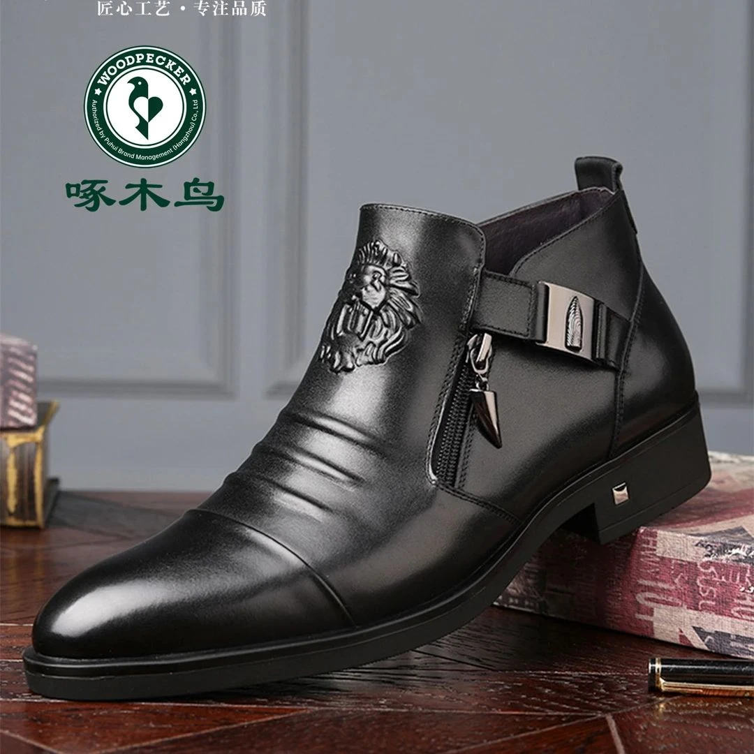 啄木鸟商务正装中帮男靴高档皮鞋冬季加绒高帮棉鞋马丁靴子男鞋
